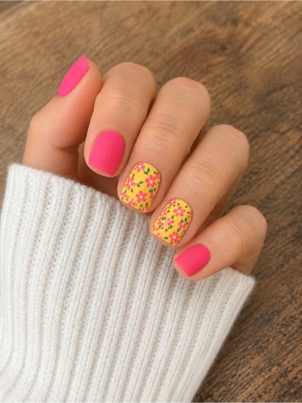 Floral & Matte Pink Press-On Nails | 24 Piece Short Square Nail Set